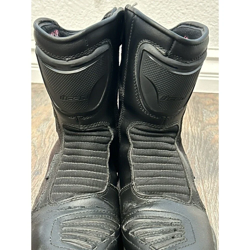 Icon Reign Black Leather Waterproof Side Zip Motorcycle Boot Women Size 9 EUC